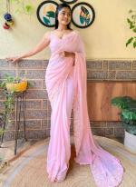 Soft Georgette Baby Pink Party Wear Embroidery Work Saree